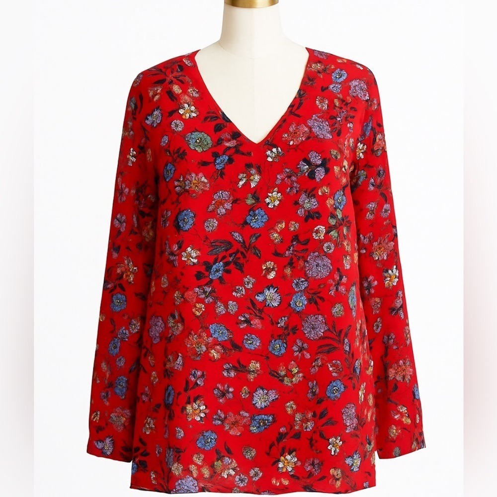 Chelsea & Theodore Vibrant Red Floral Tunic Blouse size Medium